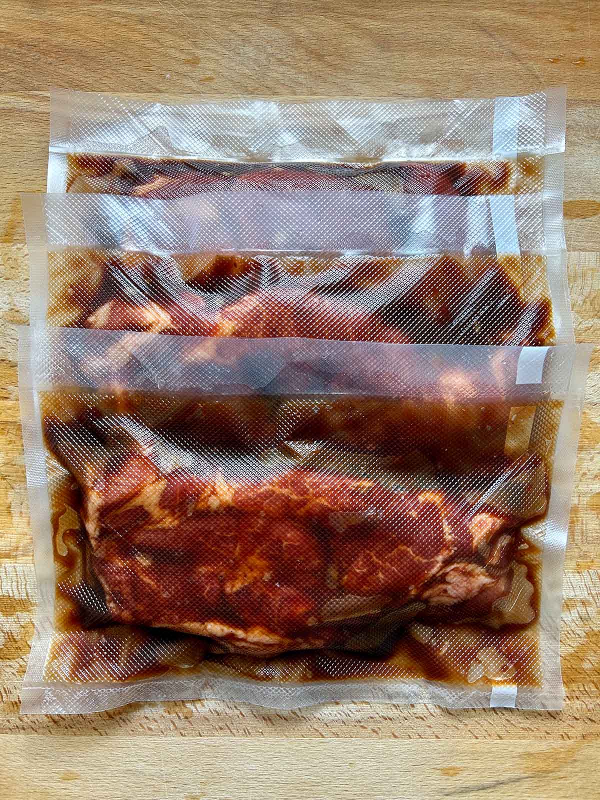 pork shoulder strips in sous vide bags