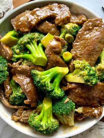 overhead shot of PF Chang's beef and broccoli in plate.