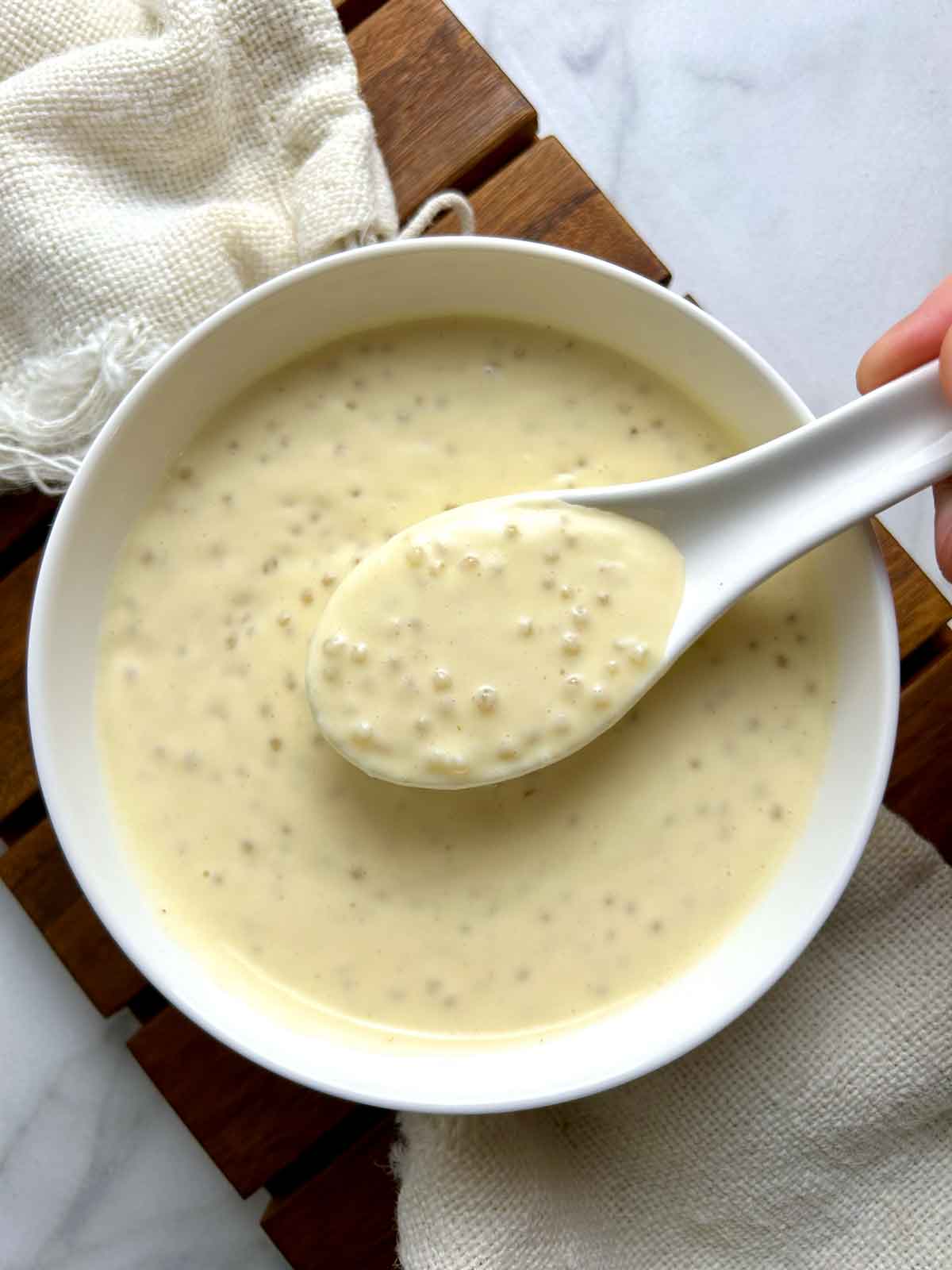 overhead shot of durian sago in bowl.