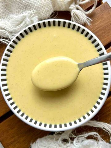 overhead shot of McDonald's honey mustard sauce in bowl.