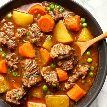 overhead shot of beef stew in bowl.