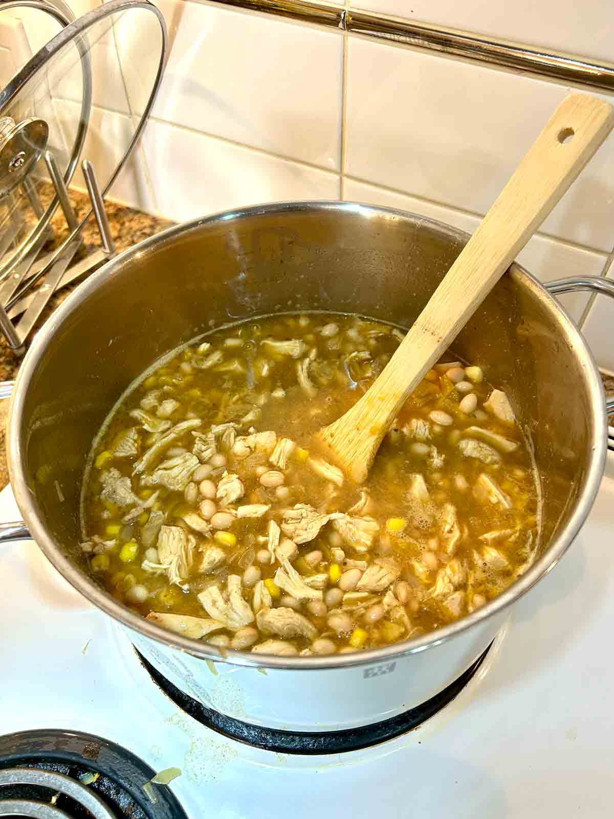 chicken, broth, chiles, beans, and seasonings added to pot.