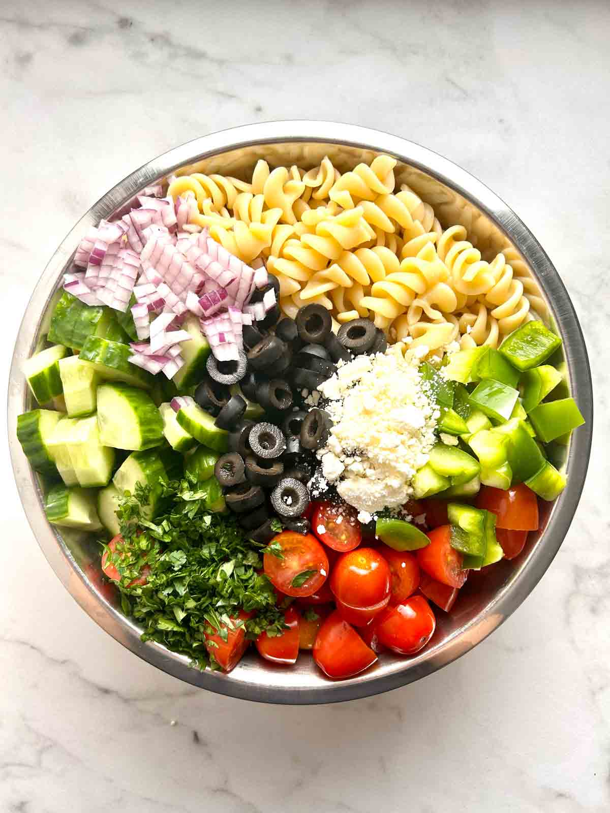 all ingredients arranged together in large bowl.