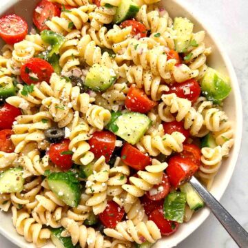 close up of pasta salad in serving bowl.