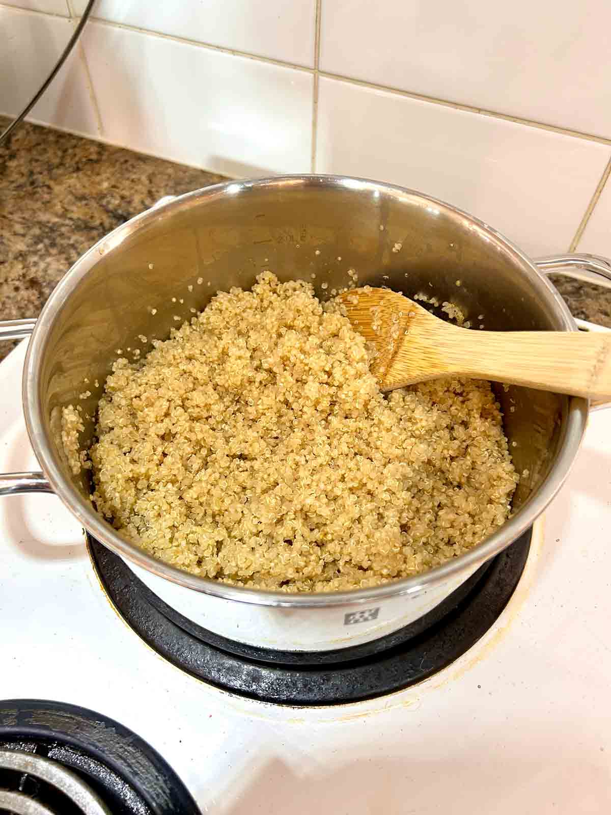 cooked quinoa in pot.