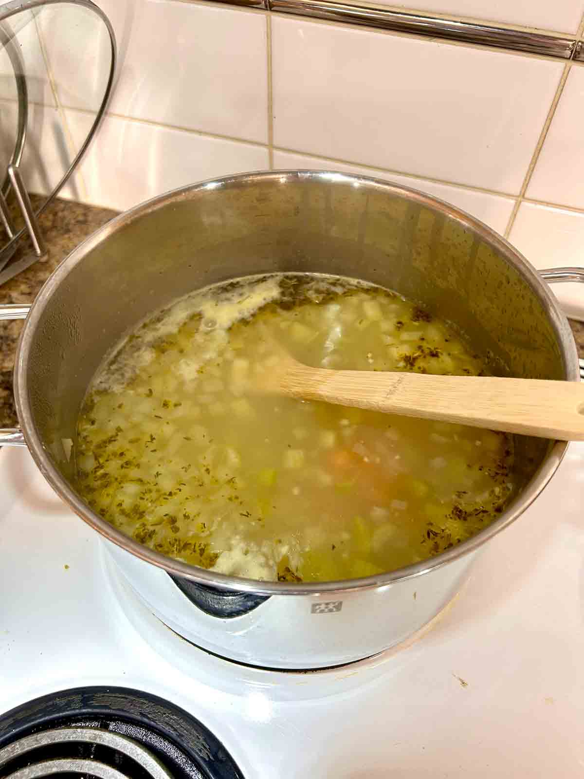 broth and orzo added to pot.