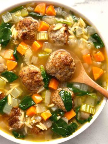 close up of Italian wedding soup in bowl.