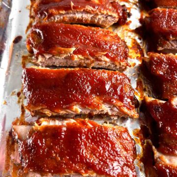 close up of oven baked ribs.