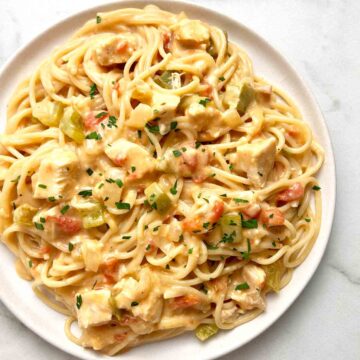 plate of chicken spaghetti with parsley garnished on top.