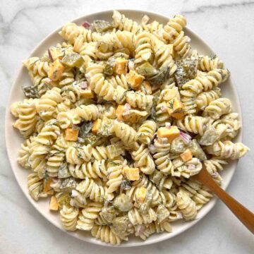plate of dill pickle pasta salad.