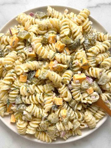 plate of dill pickle pasta salad.