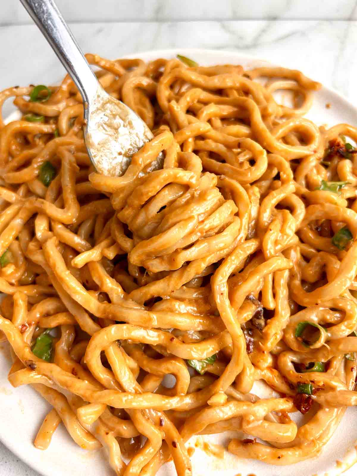 fork twisting peanut noodles onto it.