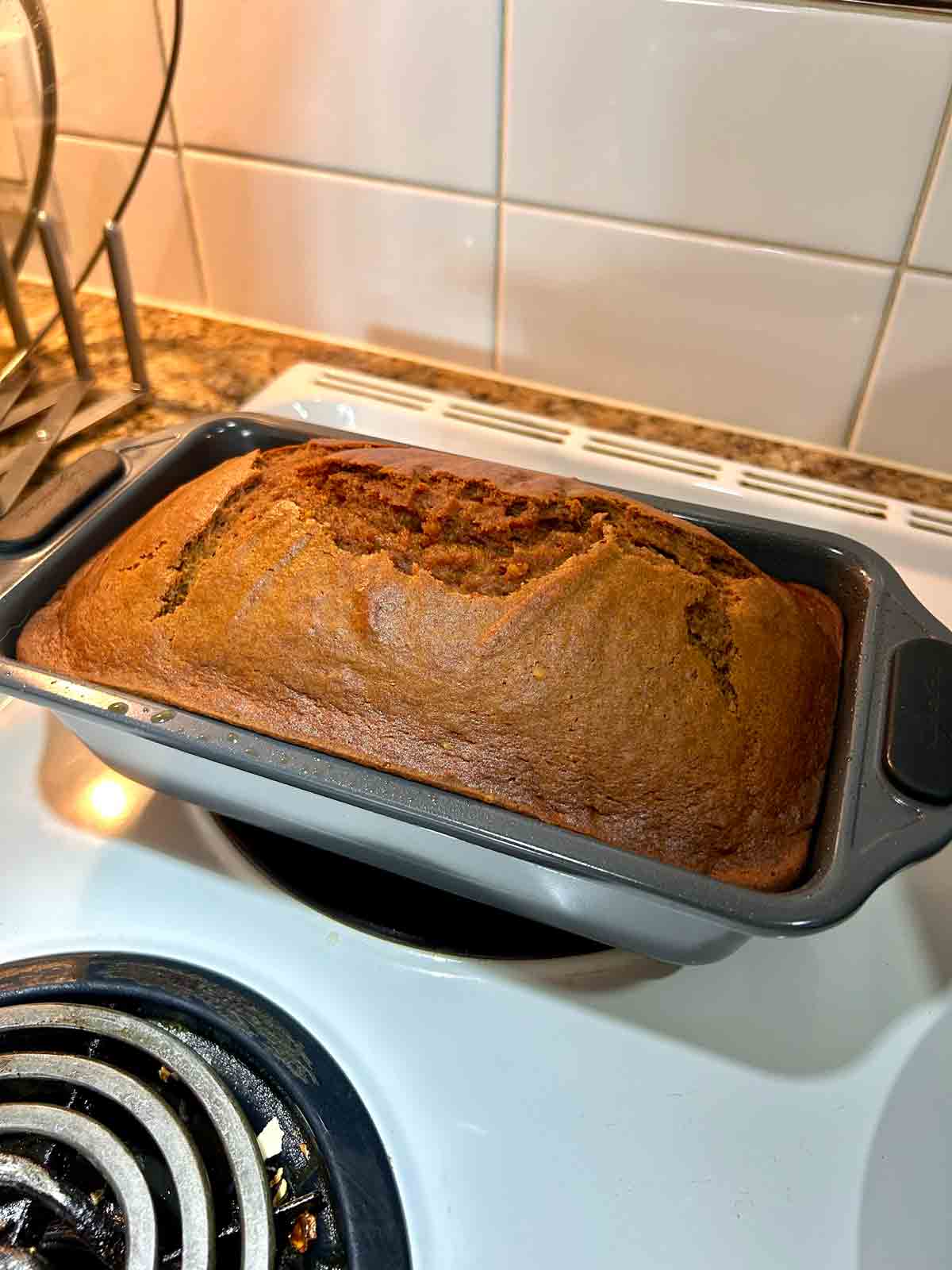 pumpkin bread resting in pan after baking.