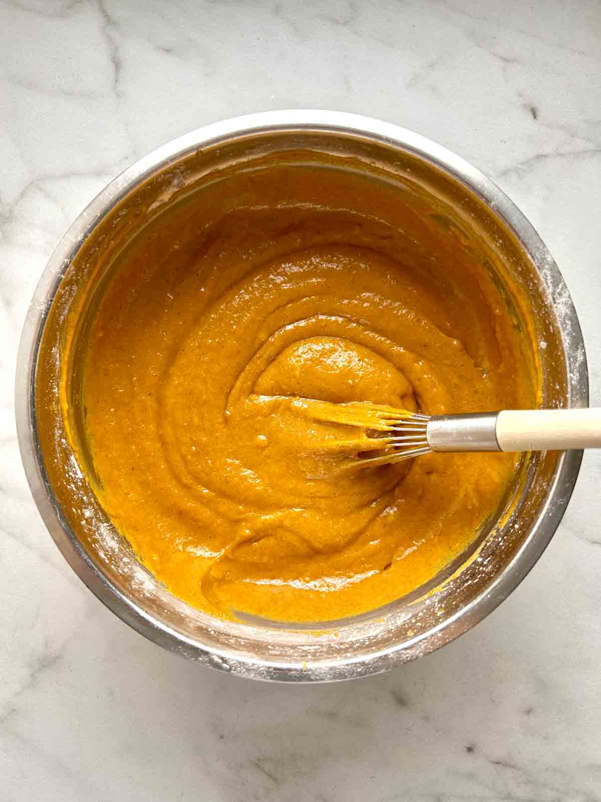 pumpkin batter in bowl.