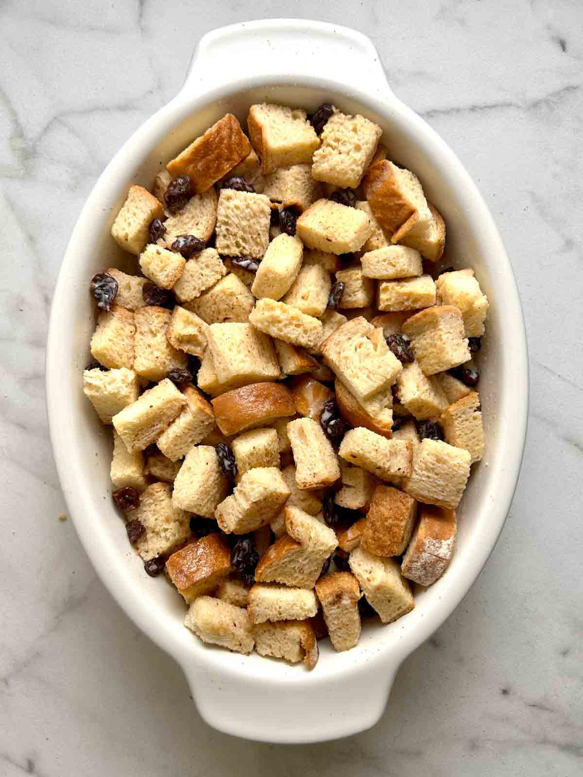 custard poured over bread cubes.