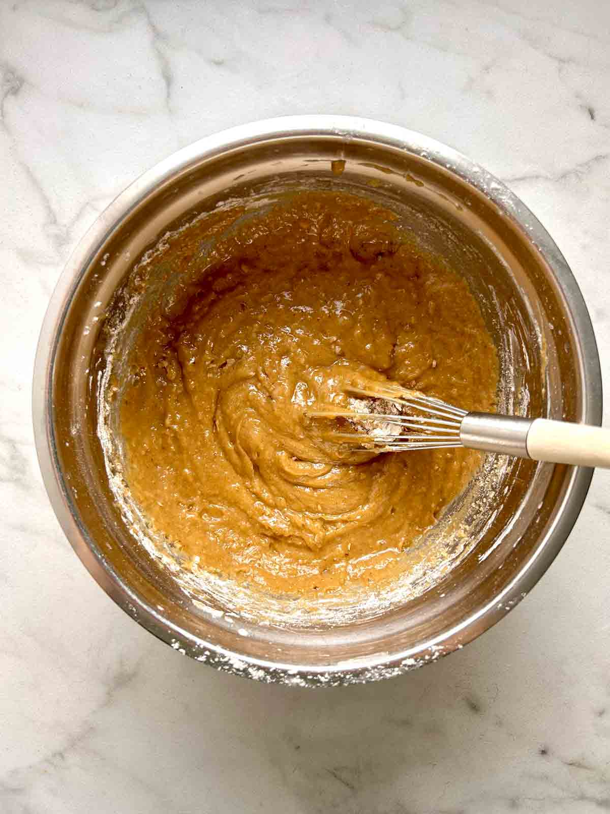 dry ingredients whisked into wet ingredients.