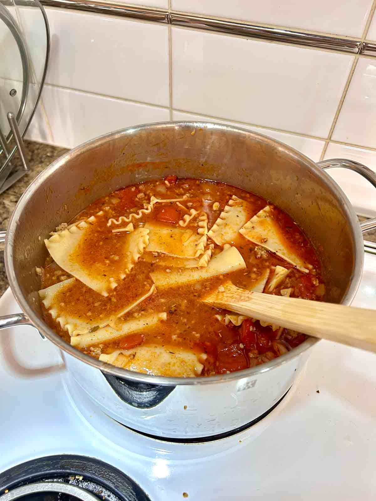 lasagna noodles added to soup.