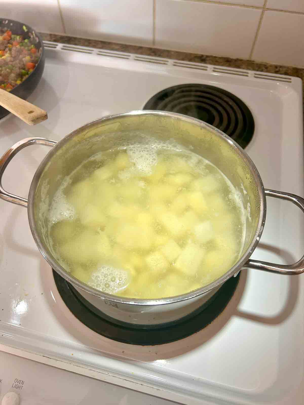 potatoes boiling in pot.