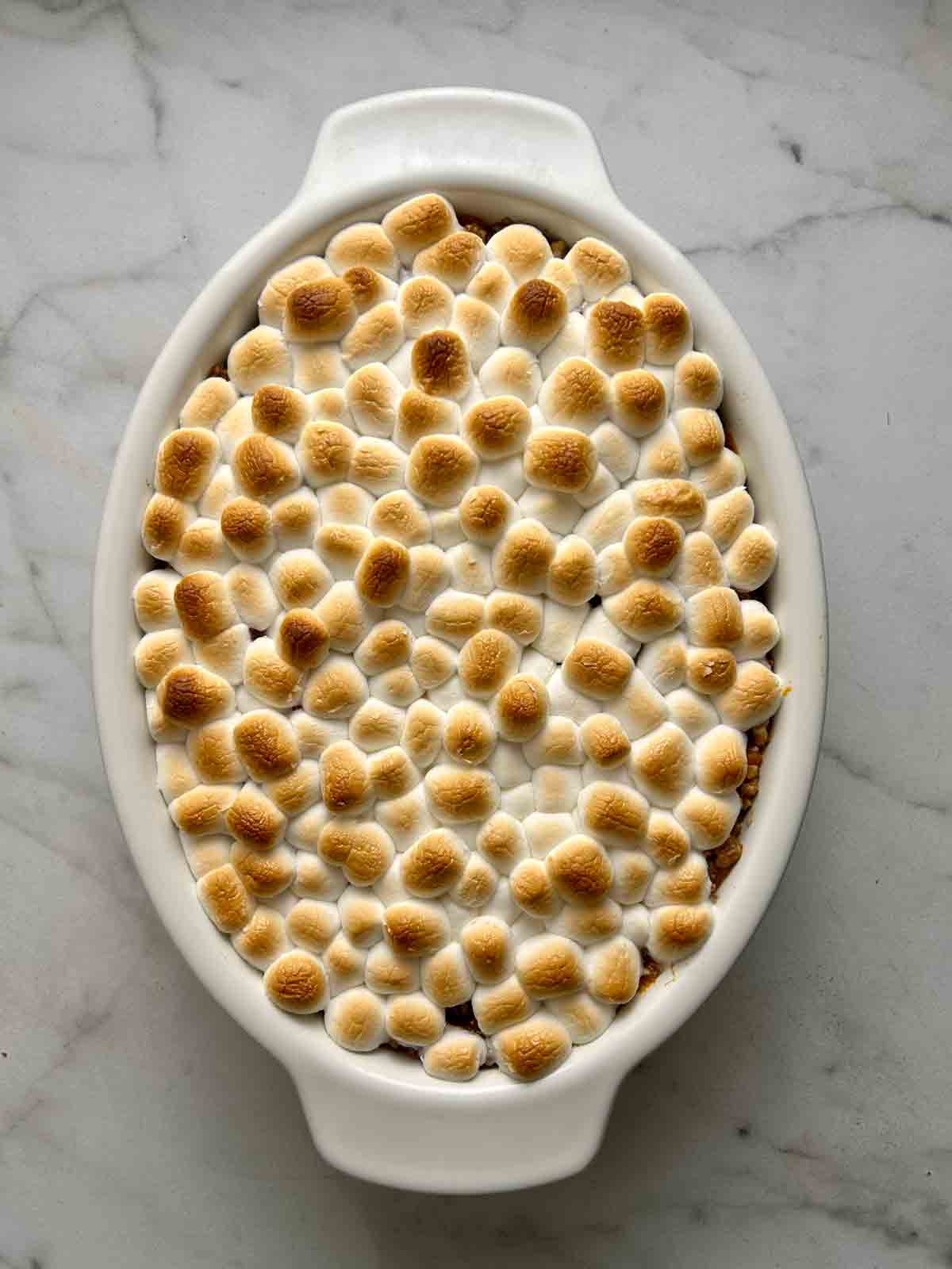 casserole after baking; marshmallows golden brown.