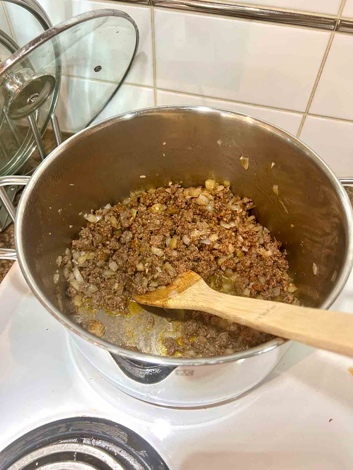 taco seasoning added to ground beef, garlic, and onions.