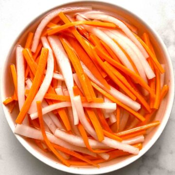 bowl of banh mi pickled daikon and carrots.