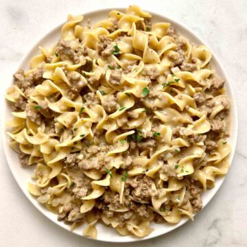 plate of beef and noodles.