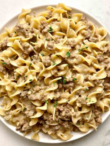 plate of beef and noodles.