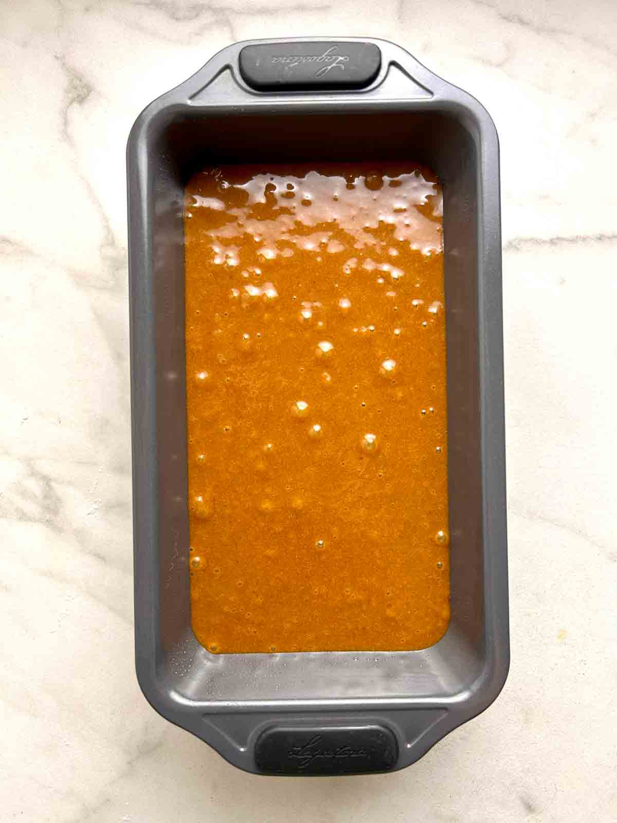 batter poured into loaf pan.