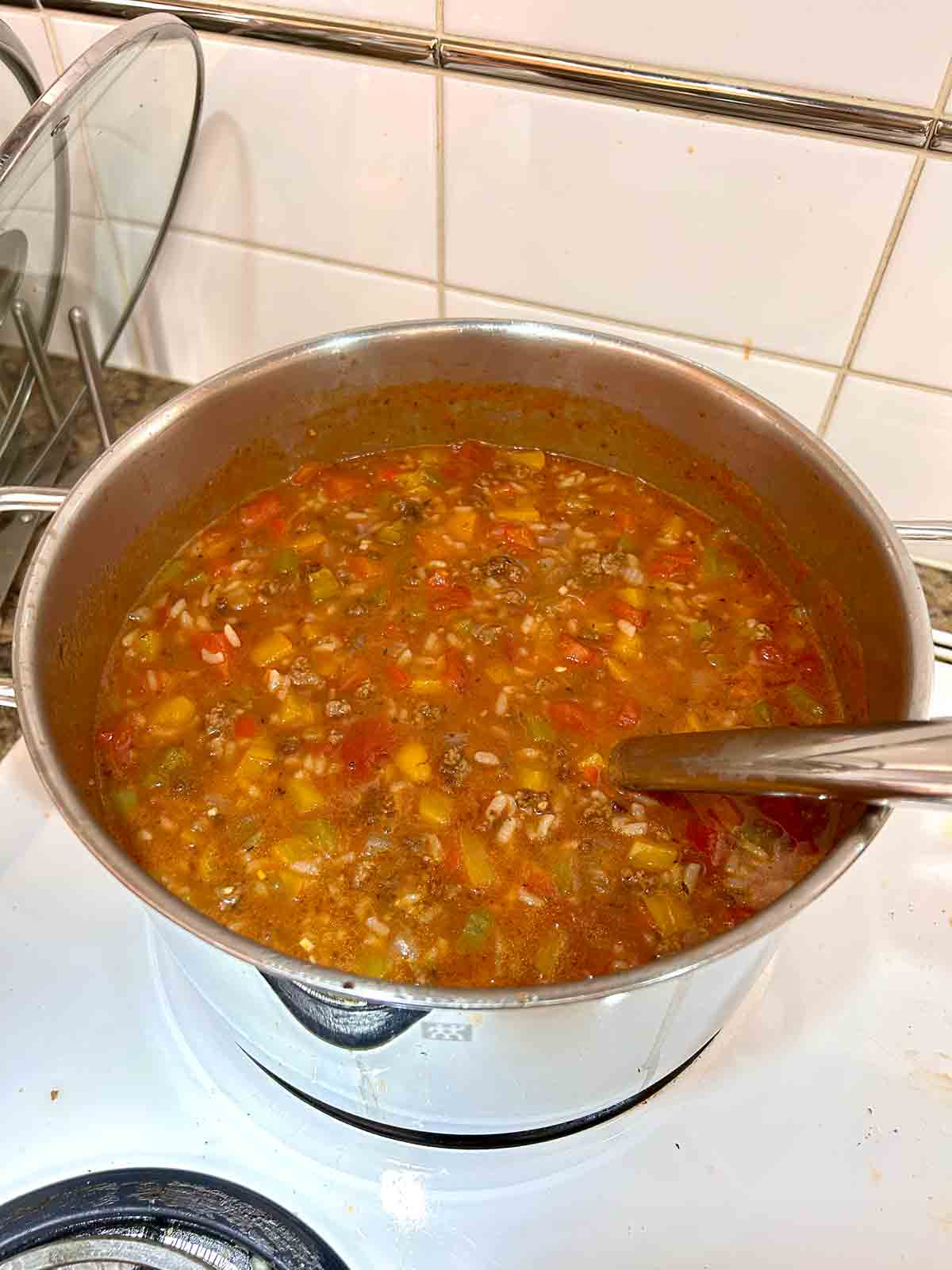 all ingredients added to pot and simmering.