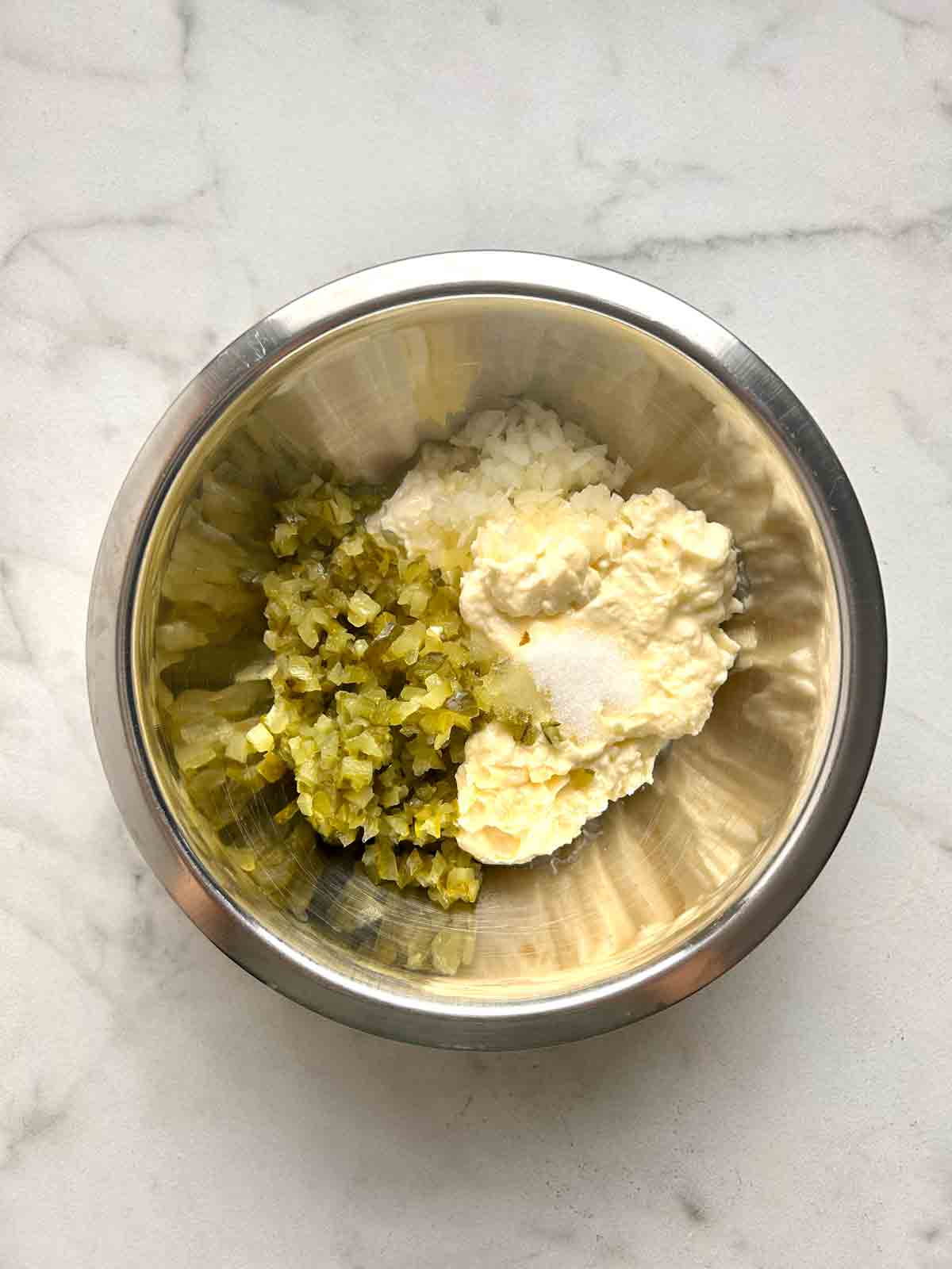 ingredients arranged in bowl, but unmixed.