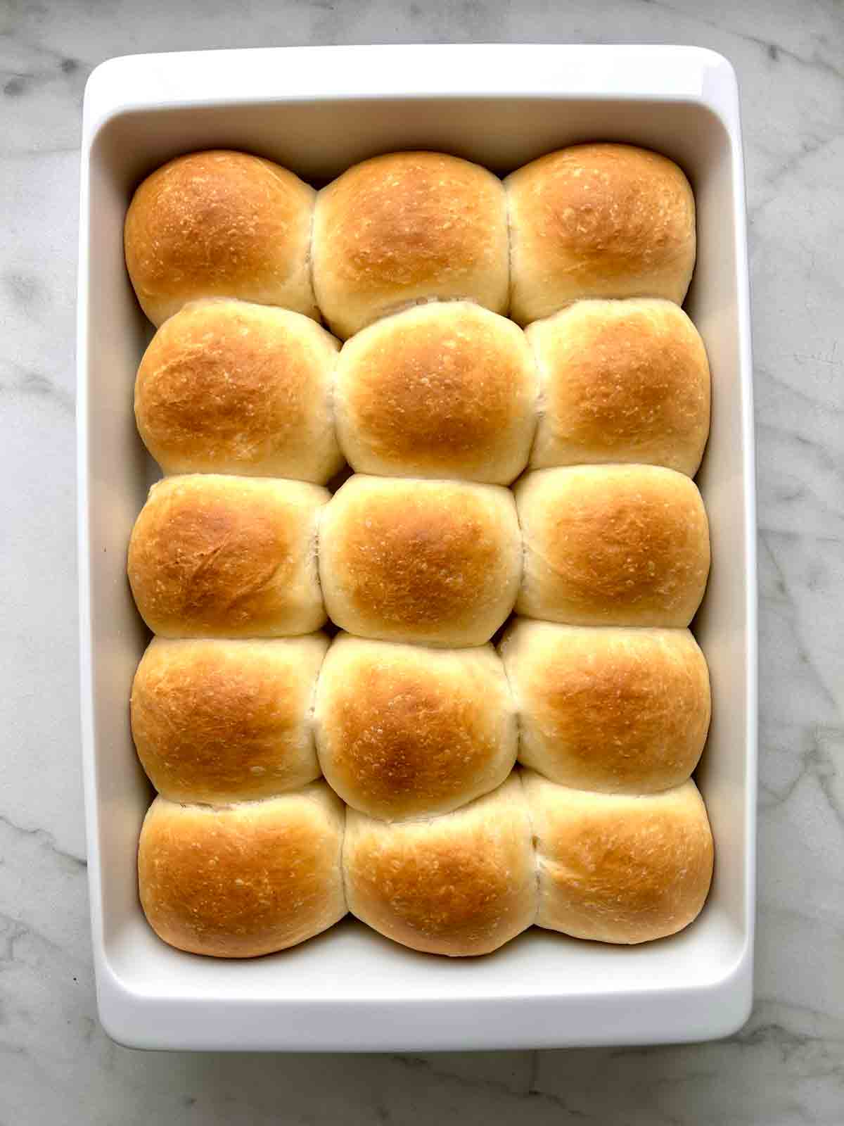 dinner rolls after baking; golden brown top.