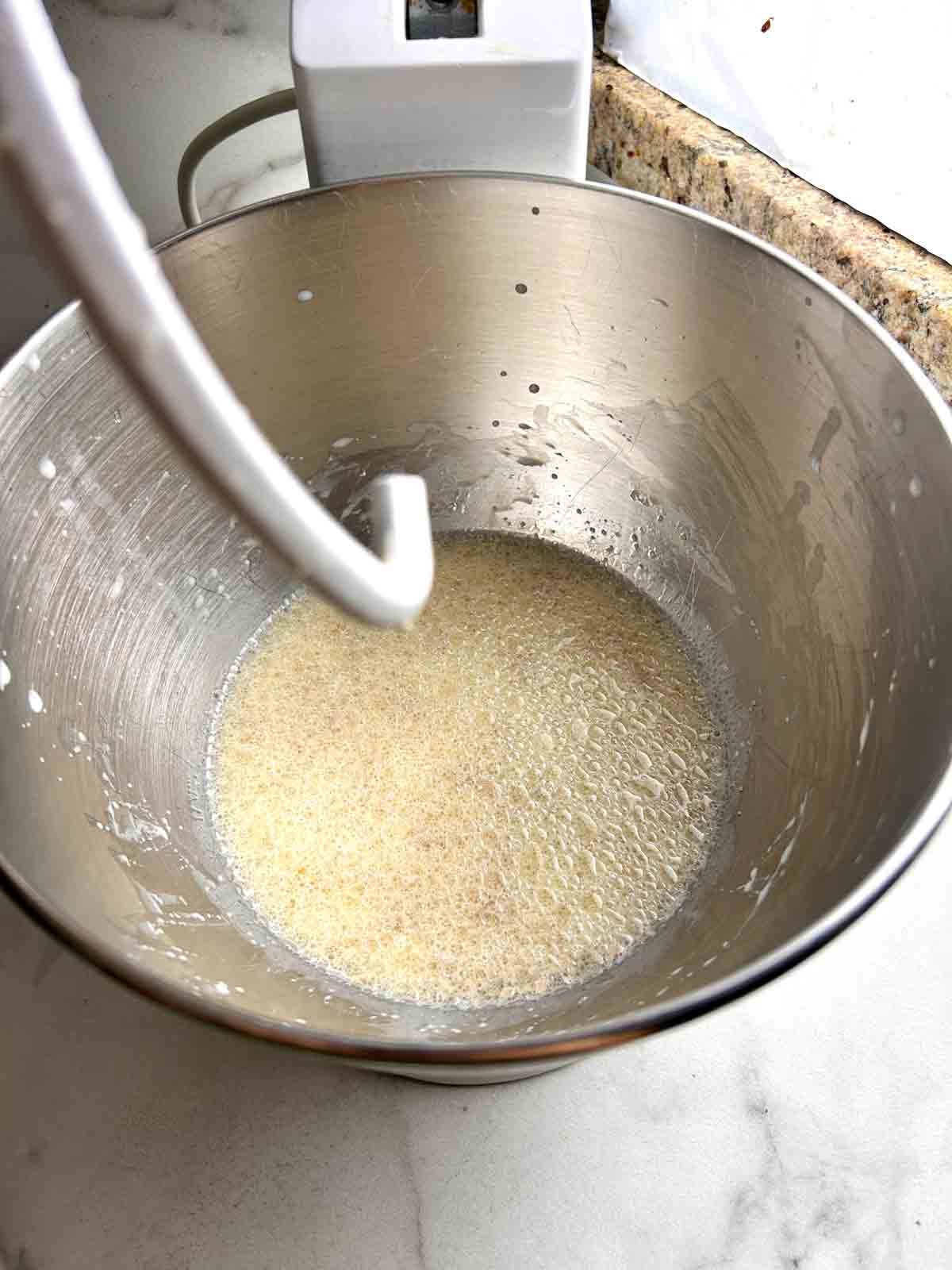 wet mixture whisked in stand mixer bowl.