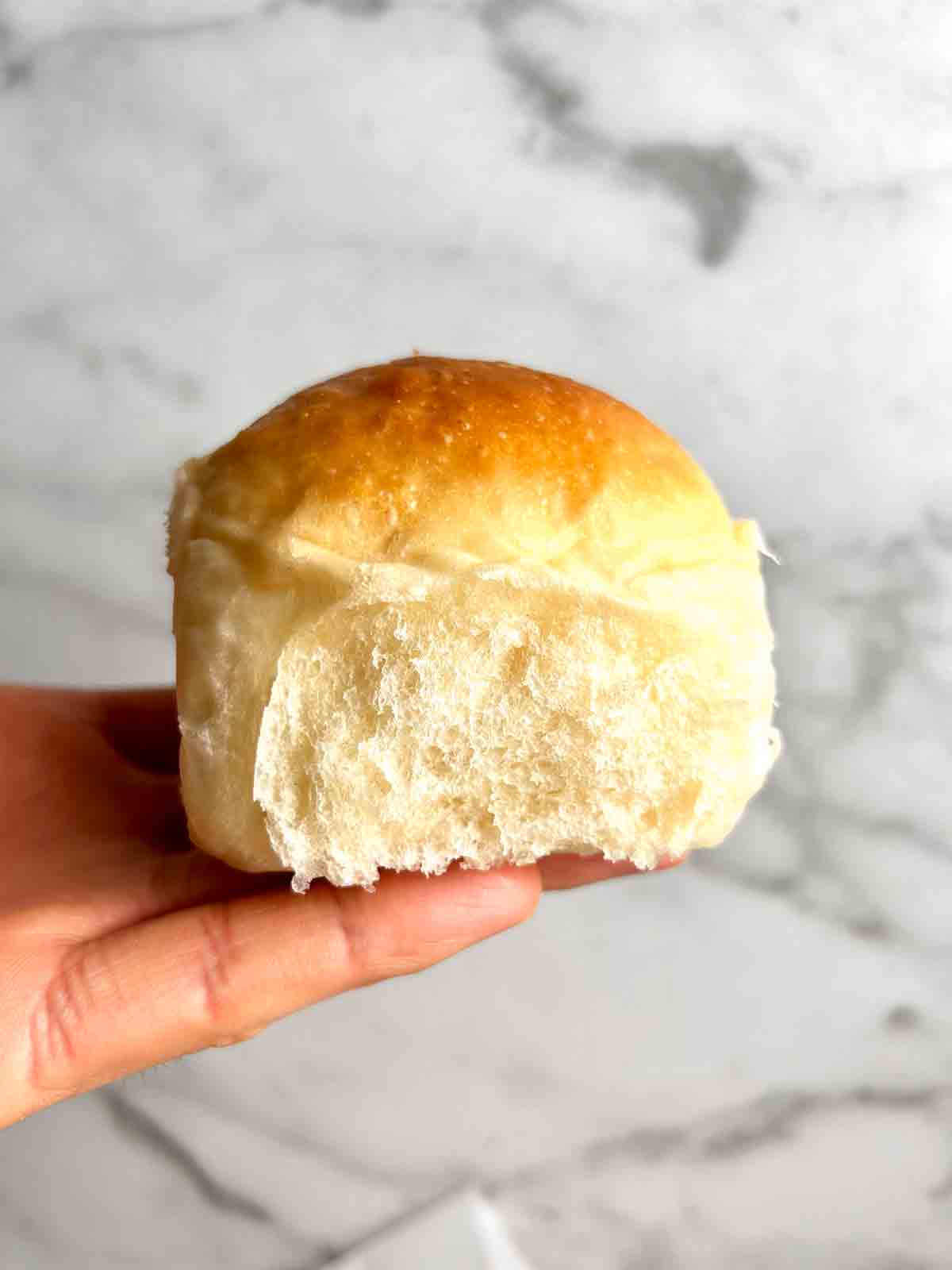 hand holding dinner roll.