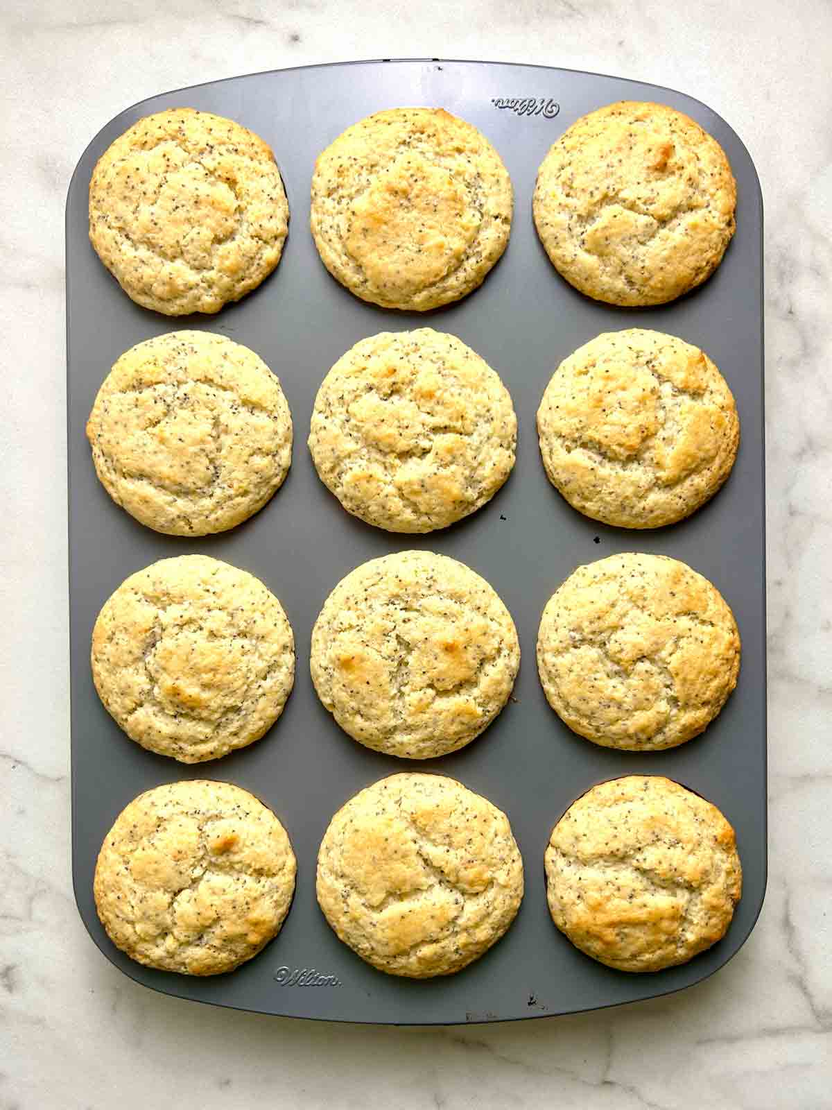 muffins after baking; golden brown tops.