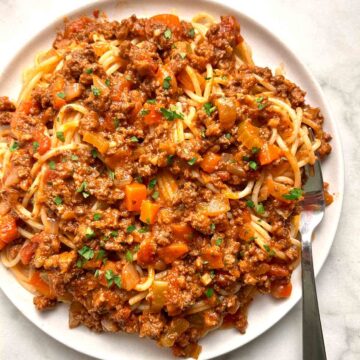 plate of bolognese spaghetti.