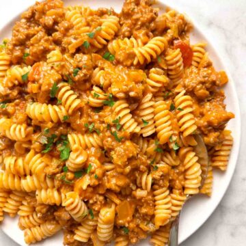 plate of cheesy taco pasta.