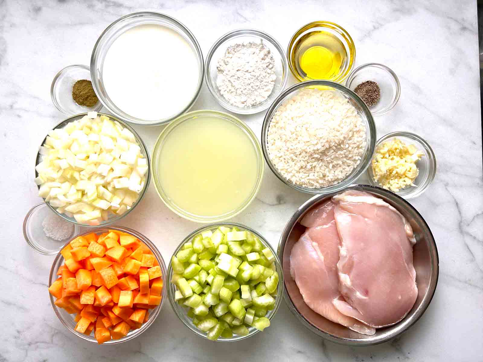 ingredients prepped in bowls.