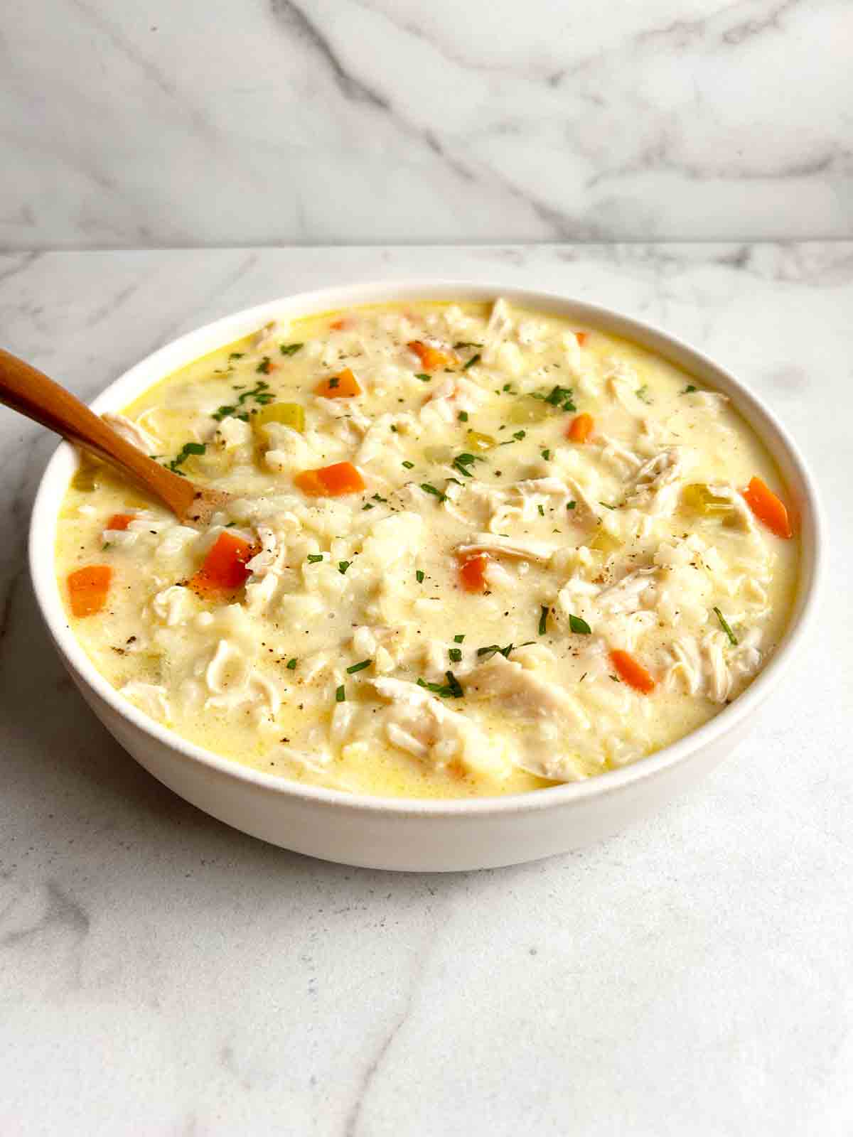 bowl of chicken and rice soup.