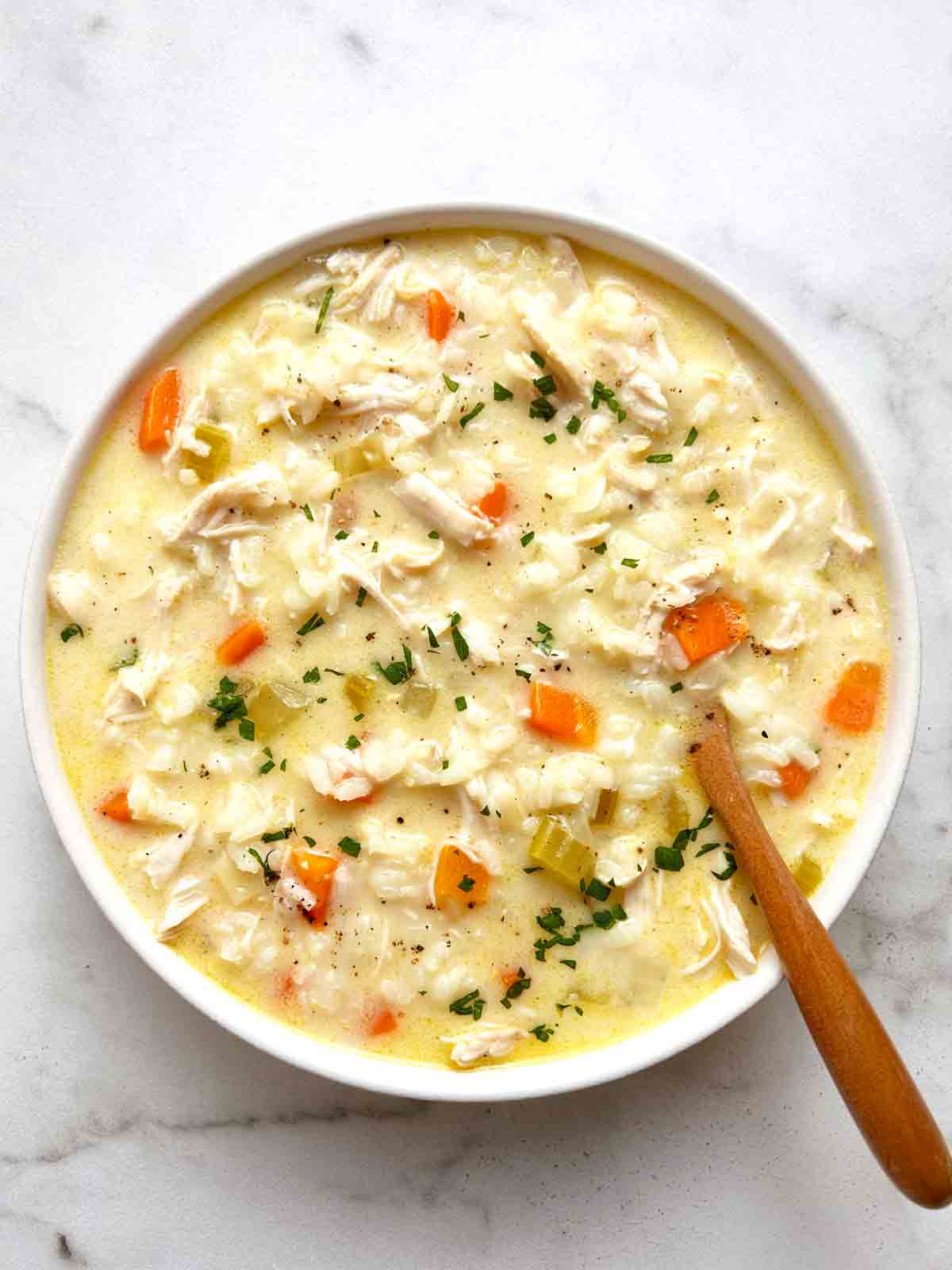 bowl of chicken and rice soup.