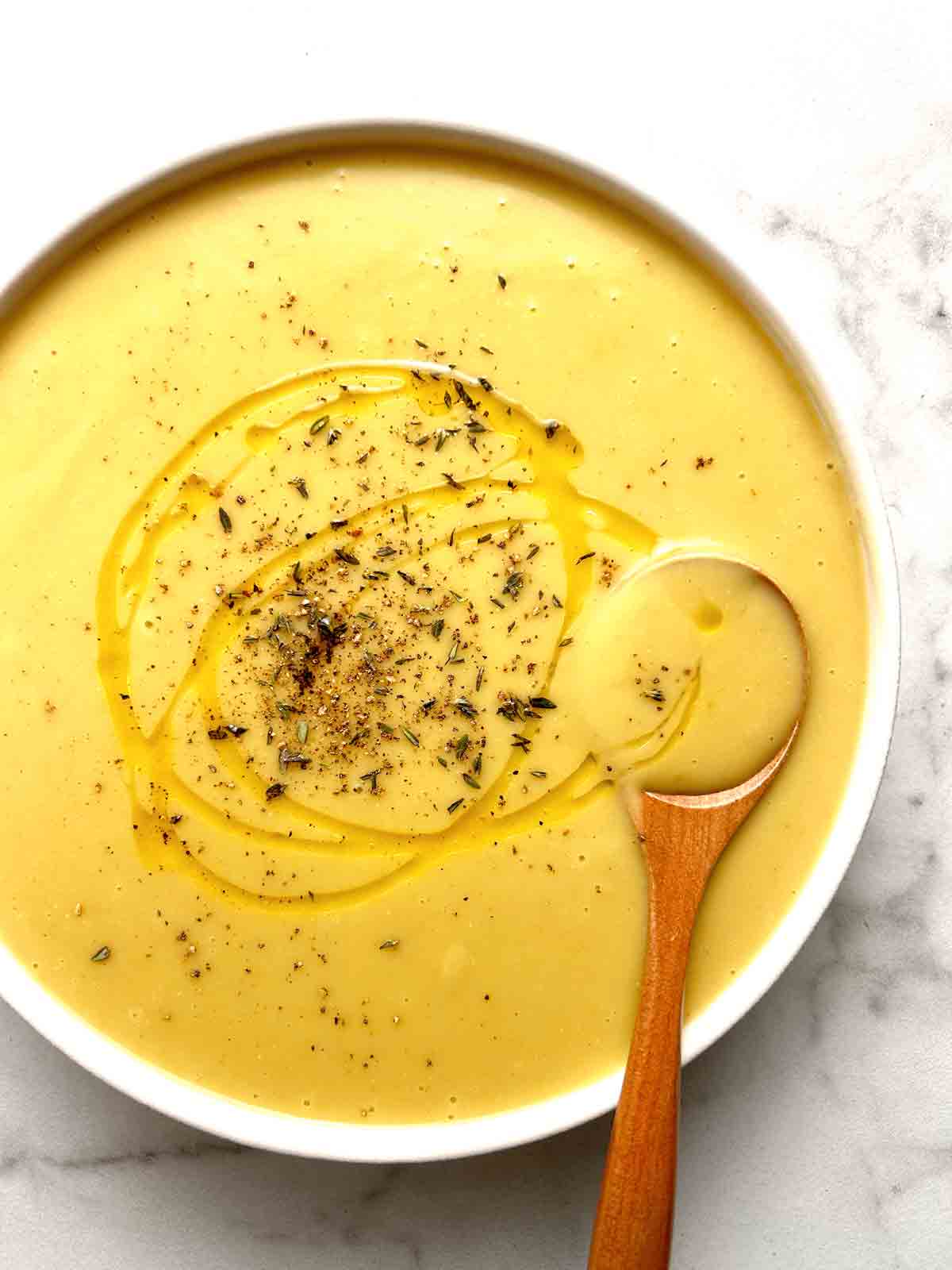 bowl of potato leek soup.
