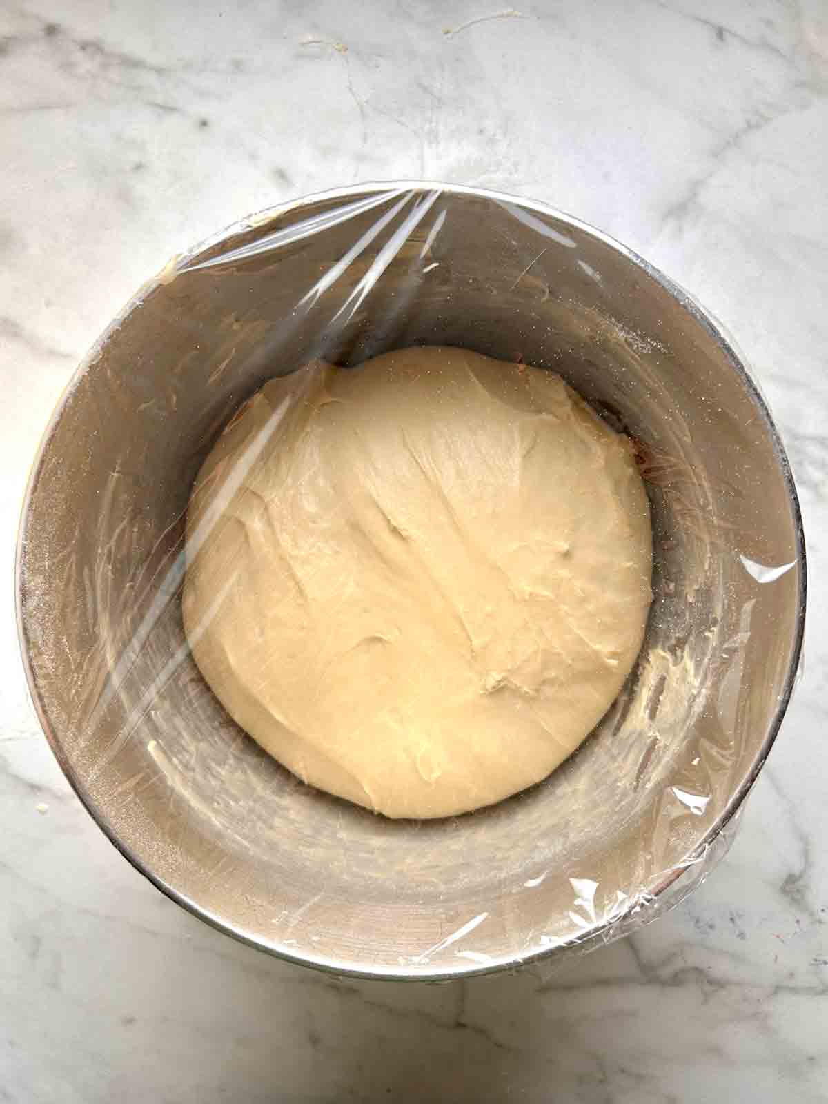 dough after first rise; doubled in size.