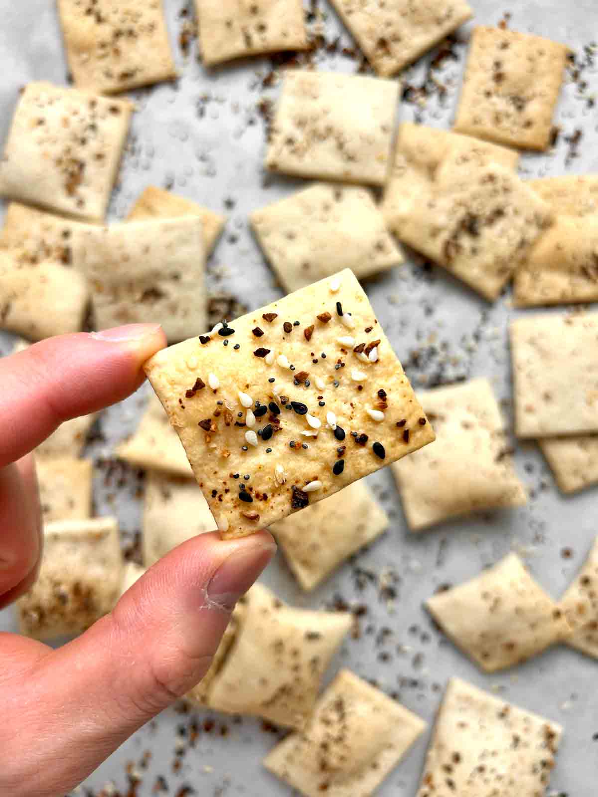 hand holding sourdough cracker.