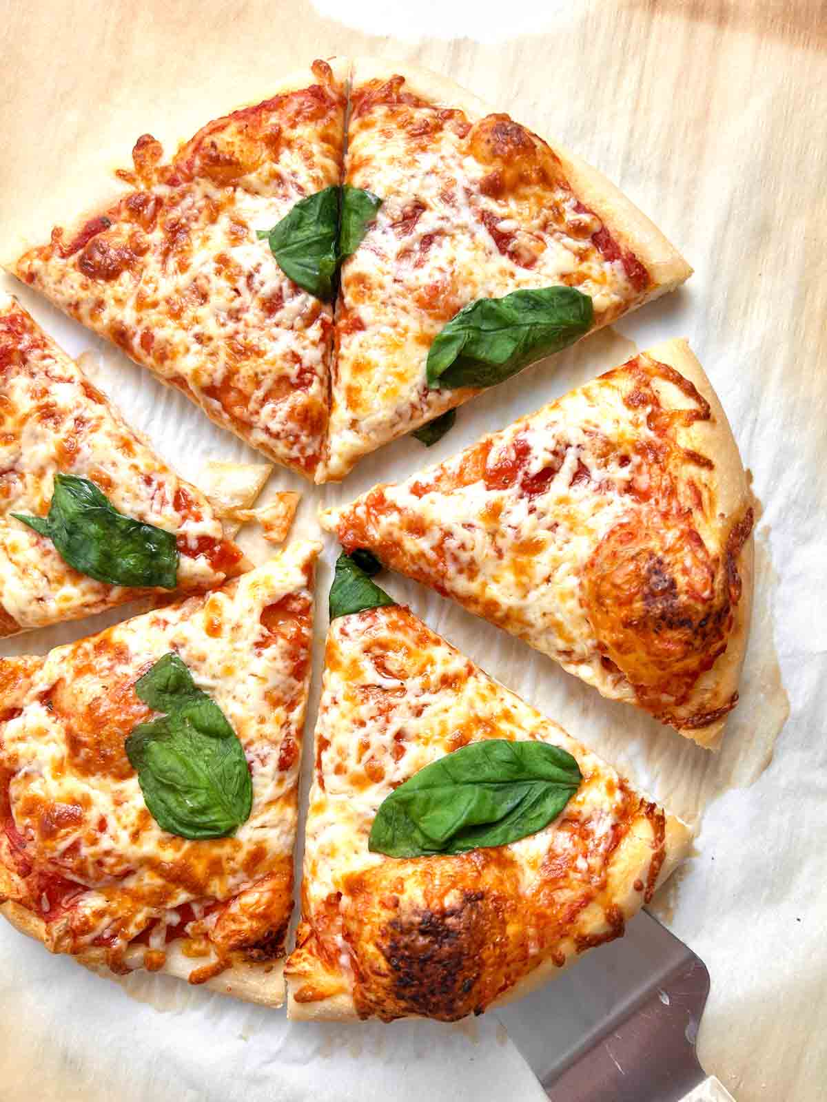 close up of baked sourdough crust pizza.