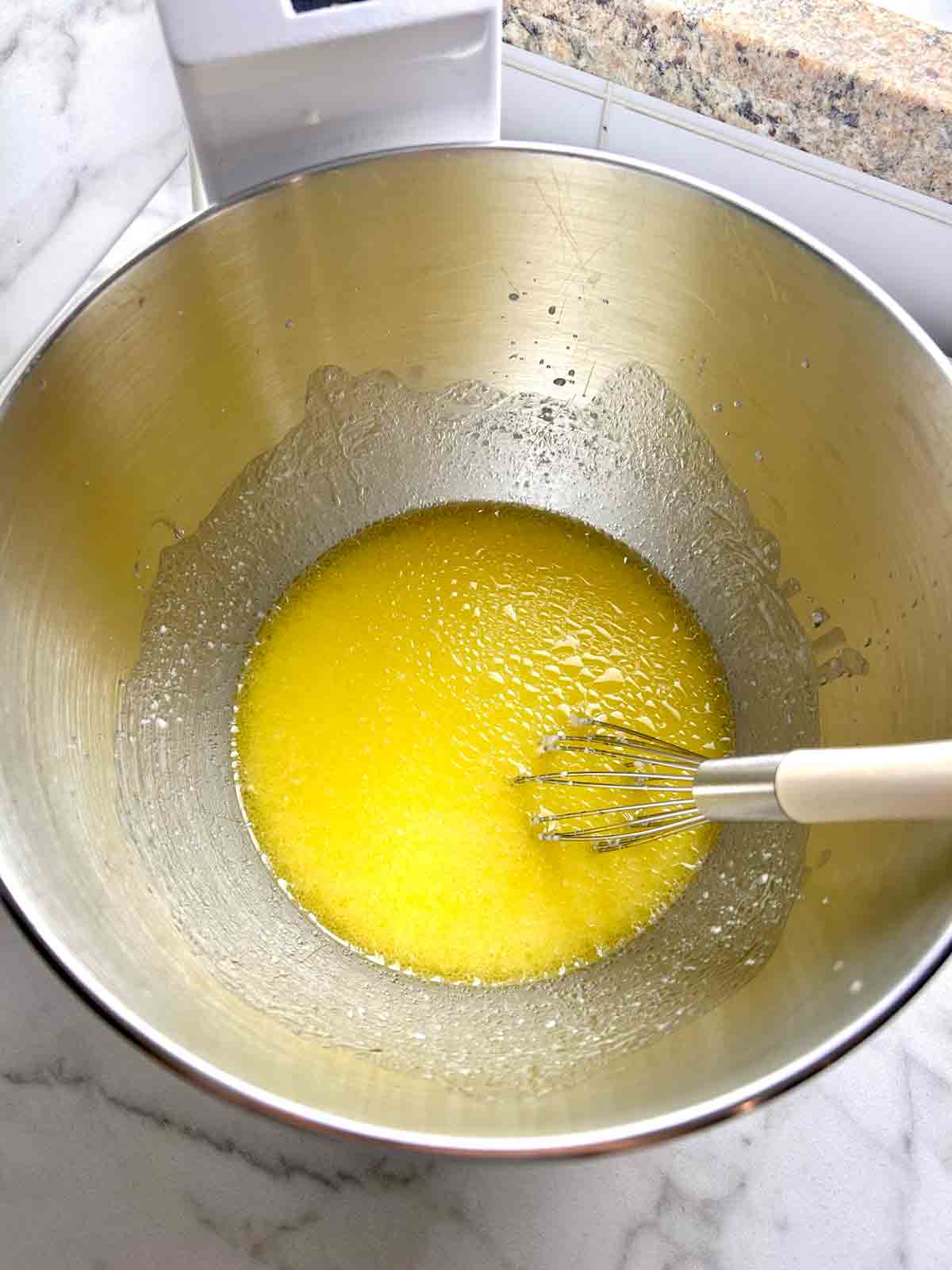 wet ingredients whisked in stand mixer bowl.