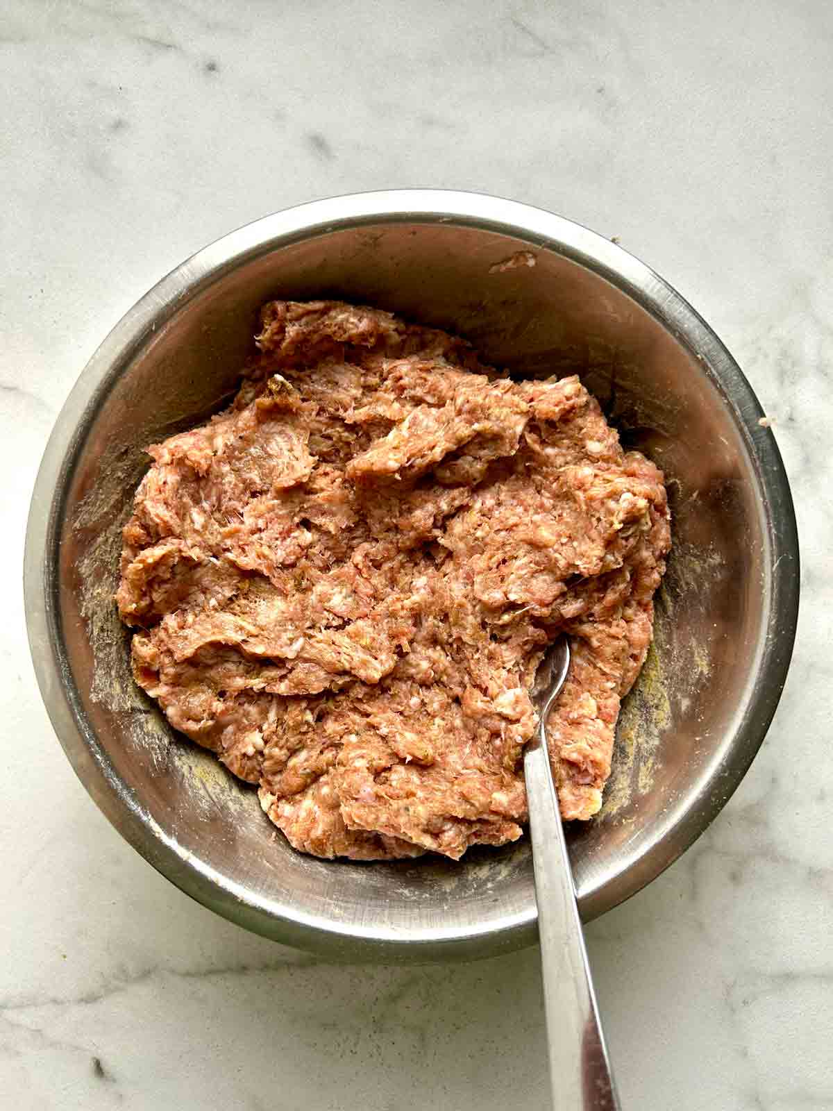 ground pork mixed with spices in bowl.