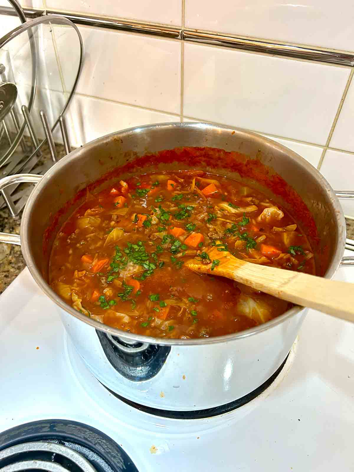 parsley sprinkled on top of soup.