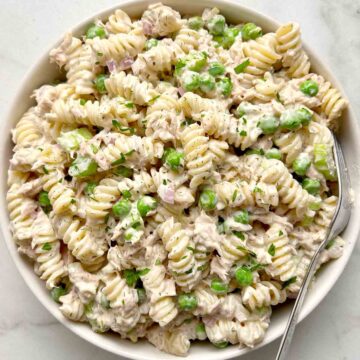 bowl of tuna pasta salad.