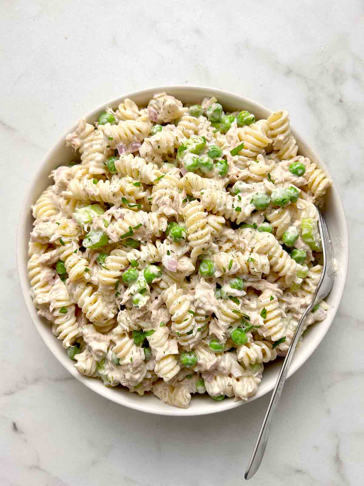 bowl of tuna pasta salad.
