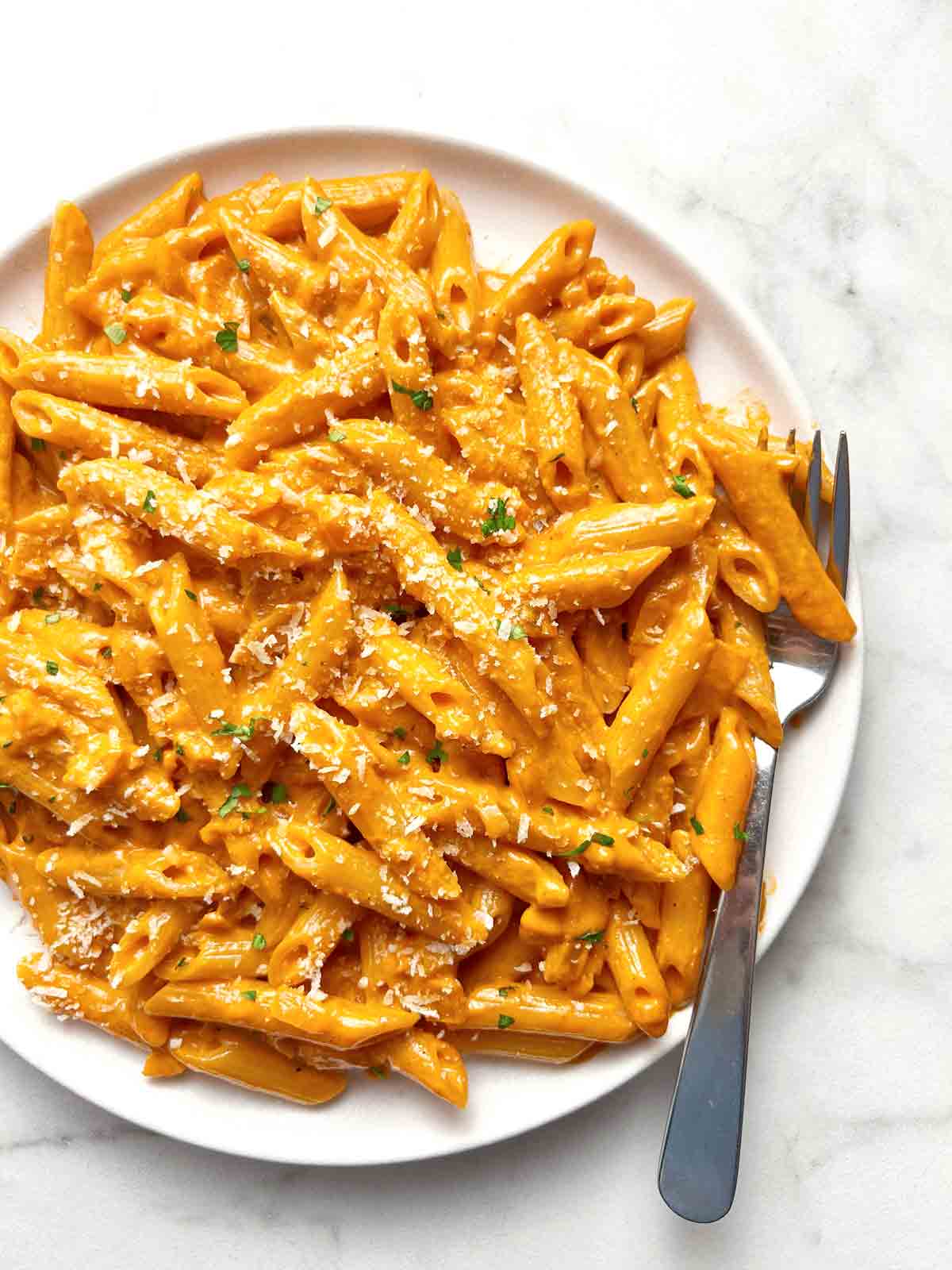 close up of plate of vodka pasta.