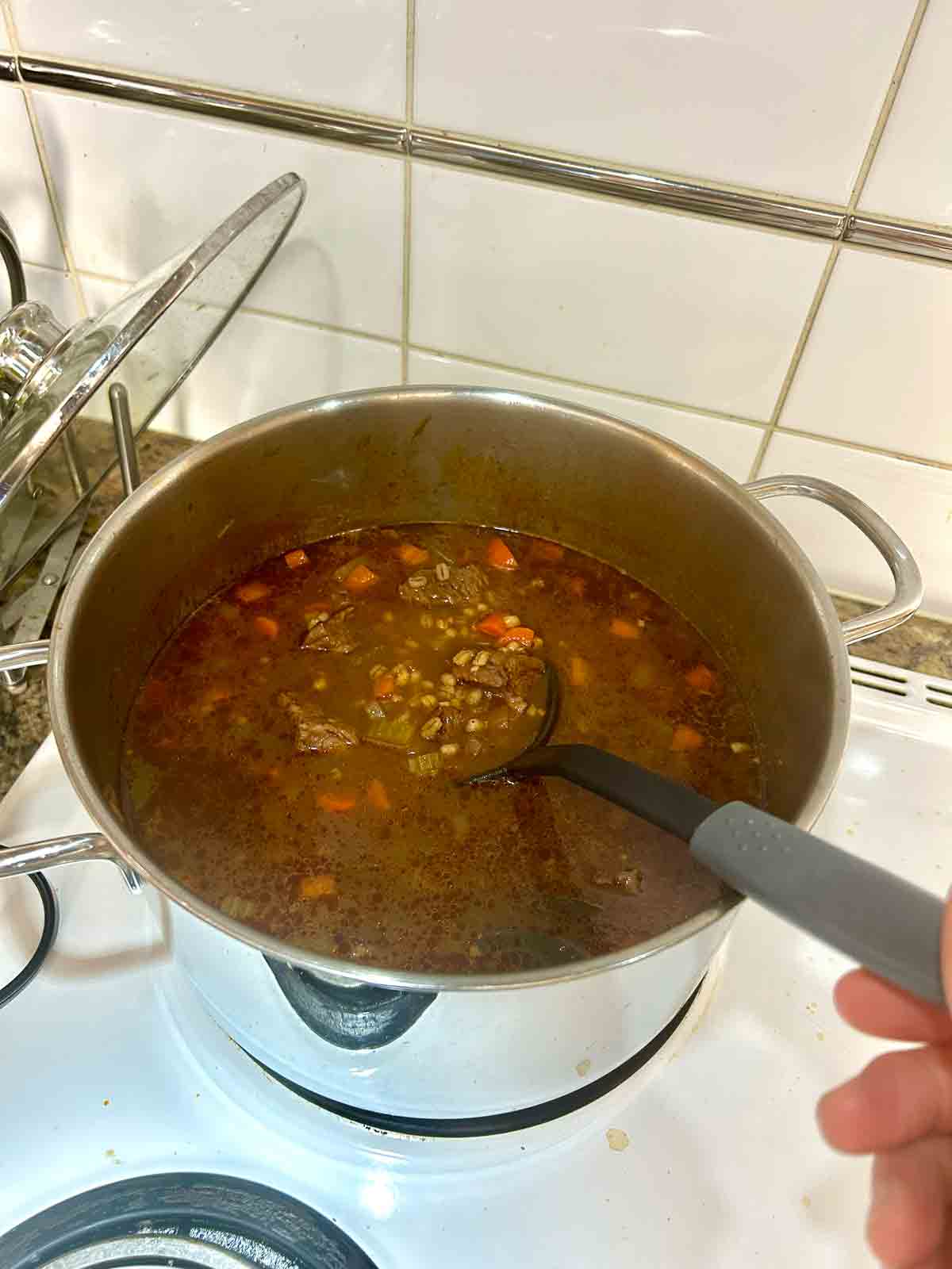 pearl barley after simmering in broth.